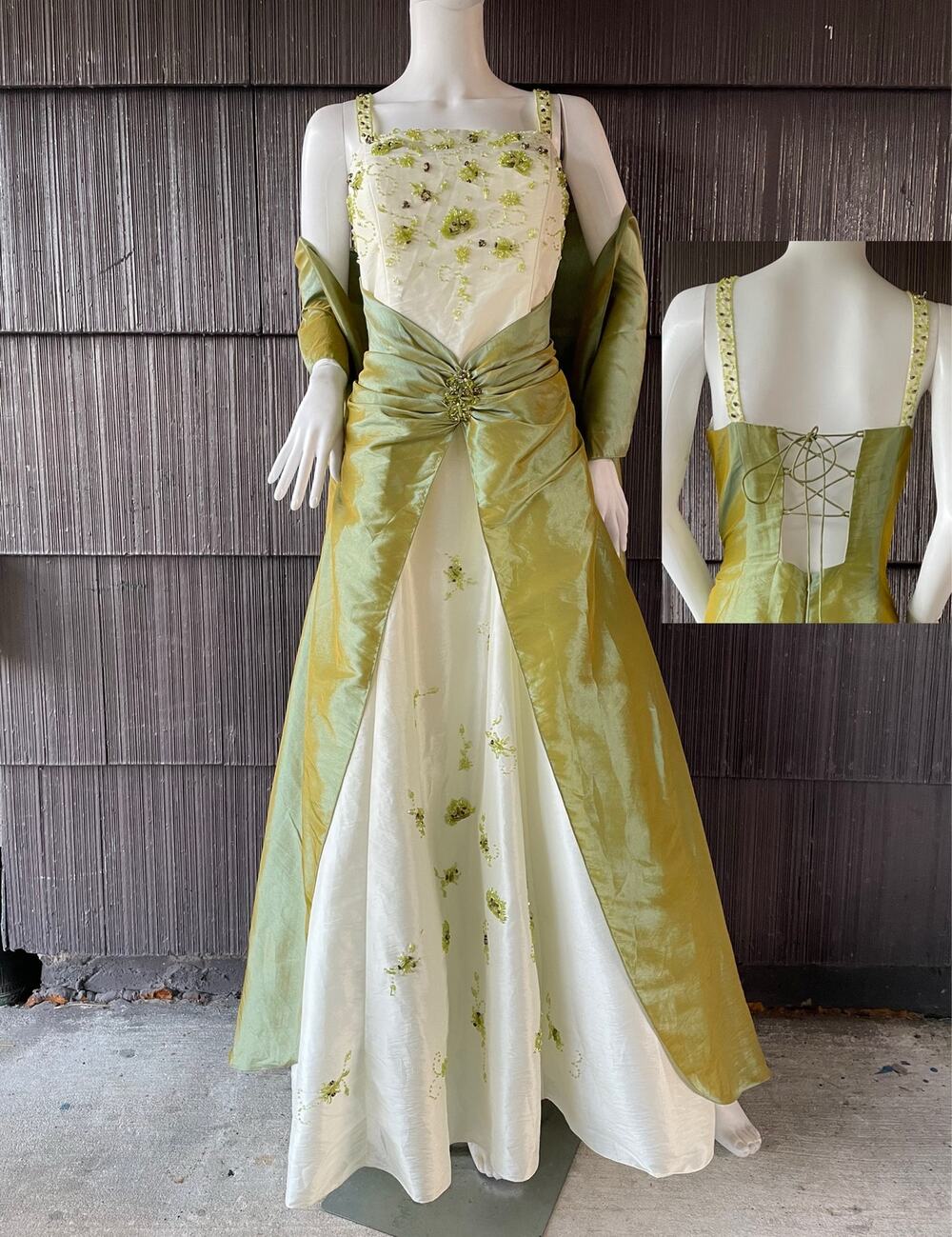 Y2K Lenovia USA Green Off White Beads Formal Ballgown Princess Elf Fairy Fantasy
